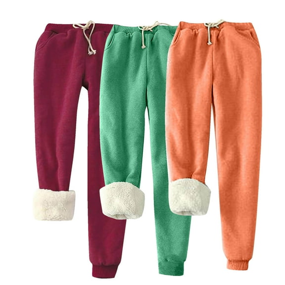 USNSM Women's Winter Warm Pants 3 Piece Fleece Lined Drawstring Joggers Pants Sherpa Athletic Active Sweatpants Green M