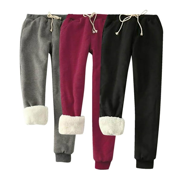 USNSM Women's Winter Warm Pants 3 Piece Fleece Lined Drawstring Joggers Pants Sherpa Athletic Active Sweatpants Red S