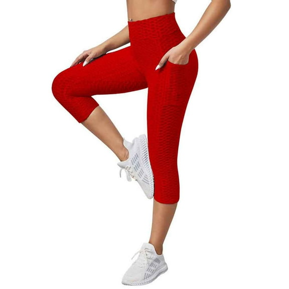 USNSM Women's Yoga Capris Pants High Waist Tummy Control Slimming Leggings Workout Running Butt Lift Tights Trousers Red M