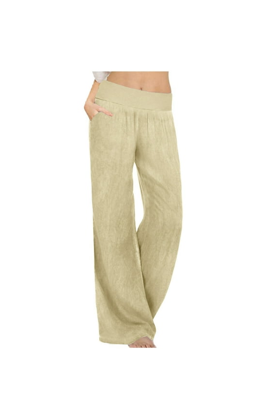 Womens Linen Pants High Waisted Palazzo Trousers Loose Wide Leg Casual Cozy Lounge Pants Travel Pants with Pockets Beige XXL