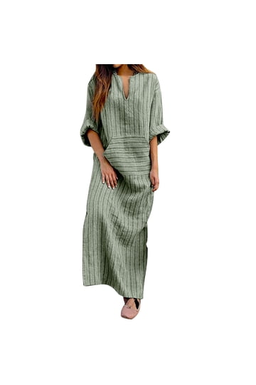 knee length dresses for ladies White Cotton Linen Goddess Kaftan Dress, Deep V Neck Kaftan Dress