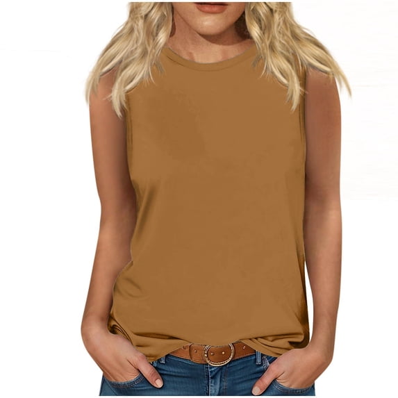 USNSM Workout Tank Tops for Women Summer Sleeveless Round Neck Plain Tees Shirt Loose Fit Basic Tunic Shirts Soft Cotton Blouse Khaki L
