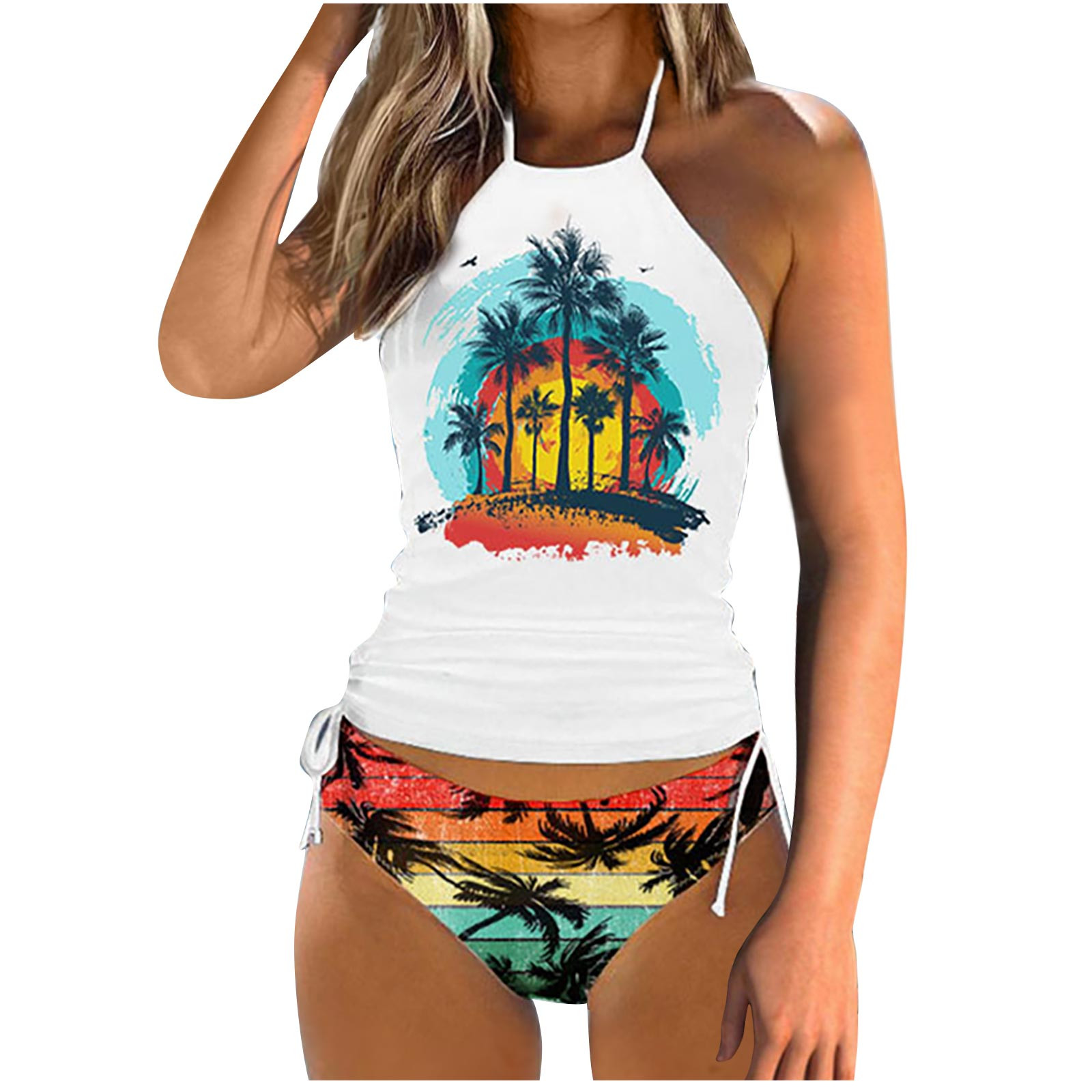 USNSMHawaii Swimsuit Set for Women Printed Halter Lace Up Swimwear Top