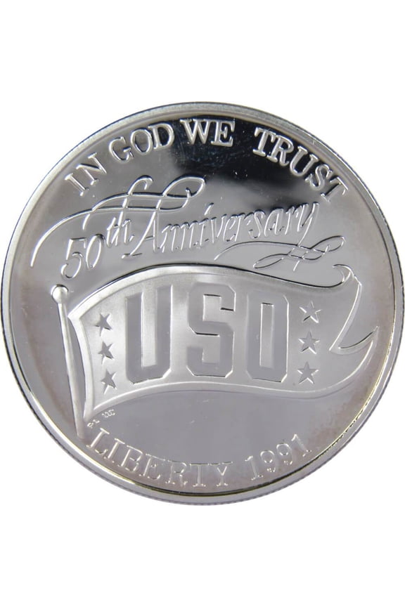 USO 50th Anniversary Commemorative 1991 S 90% Silver Dollar Proof $1