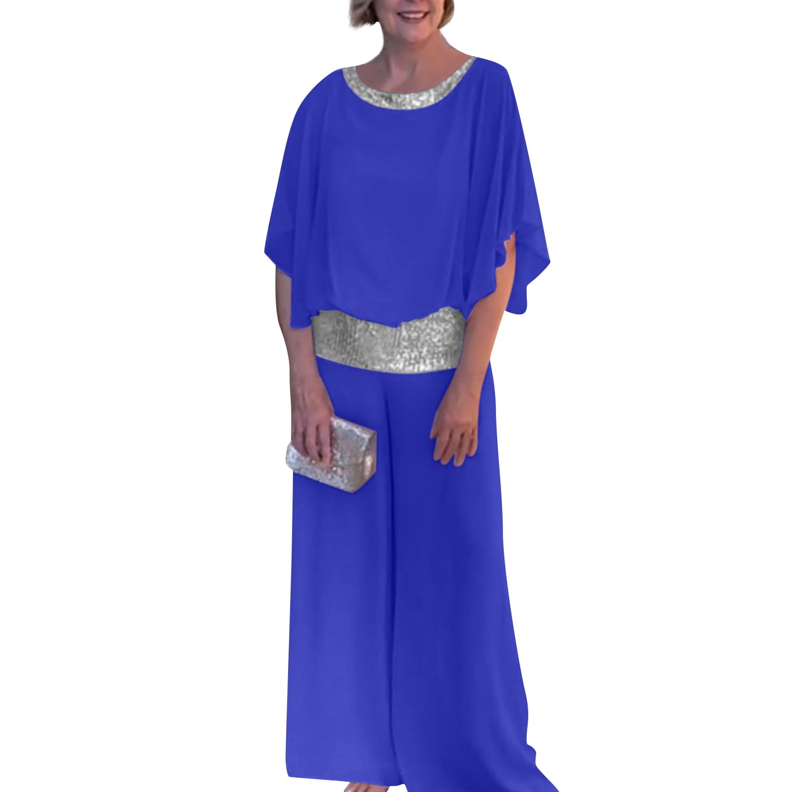 USOCUTE Chiffon Mother of The Bride Pant Suits Lace 2Pcs Wedding Formal Outfit Set Evening Gown for Women Blue L