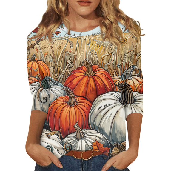 USOCUTE Women Halloween Shirts 3/4 Sleeve Halloween Sweatshirts Pumpkin Ghost Witch Funny Horror Round Neck Spooky Tops Halloween T Shirts Light Gray 3XL