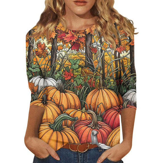 USOCUTE Women Halloween Shirts 3/4 Sleeve Halloween Tops Pumpkin Ghost Witch Funny Horror Round Neck Spooky Sweatshirts Halloween T Shirts Army Green S