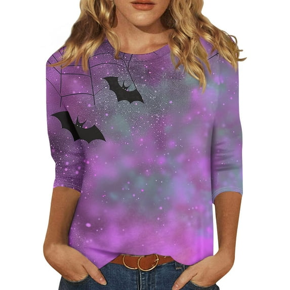 USOCUTE Women Halloween Shirts Crew Neck 3/4 Sleeve Halloween Tops Pumpkin Ghost Witch Funny Horror Trendy Spooky Tops Halloween T Shirts Purple M