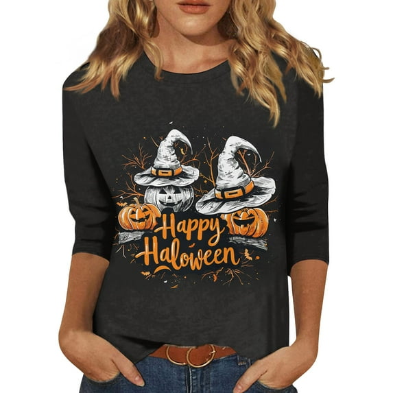 USOCUTE Women Halloween Shirts Plus Size 3/4 Sleeve Halloween Sweatshirts Pumpkin Ghost Witch Funny Horror Crew Neck Spooky Tops Halloween T Shirts Dark Gray S