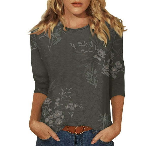 USOCUTE Womens 3/4 Sleeve Tops Cotton Floral Print Shirts Summer Crew Neck T Shirts 2024 Three Quarter Length Tees Gray 2XL