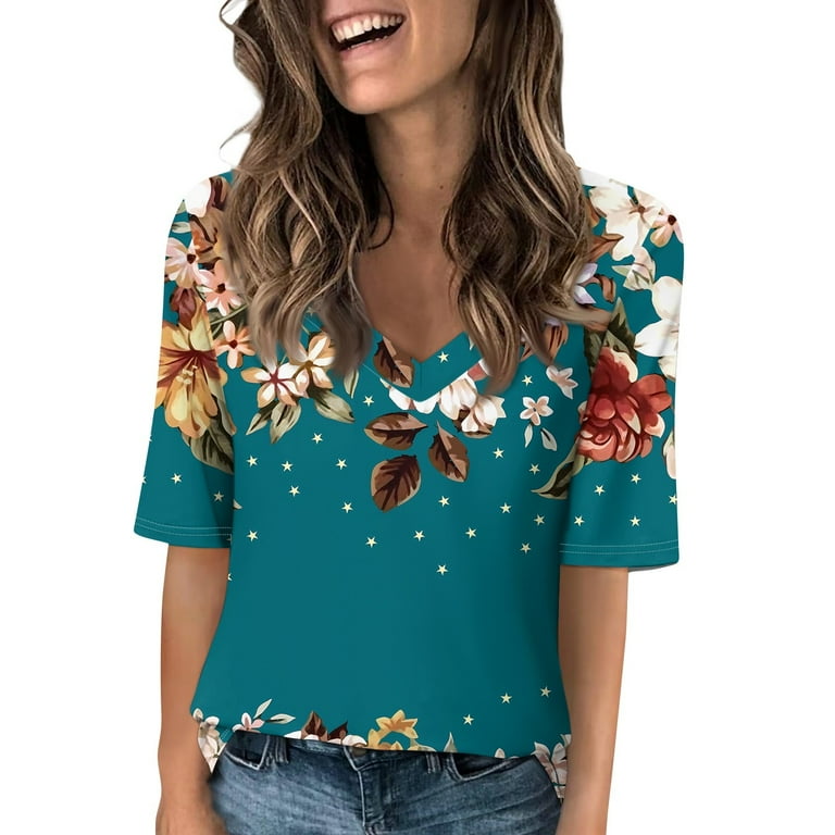 USOCUTE Womens Casual Tops Gradient Half Sleeve T Shirts Summer V Neck Blouse Elbow Length Shirts Royal Blue M Walmart
