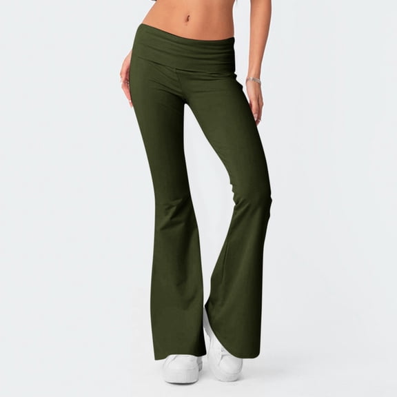 USOCUTE Womens Flare Leggings Fold Over Yoga Pants Y2K Low Rise Wide Leg Sweatpants Bell Bottom Soft Cotton Leggings Army Green S