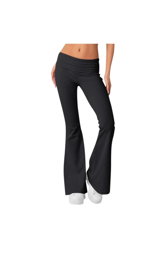Womens Flare Leggings Fold Over Yoga Pants Y2K Low Rise Wide Leg Sweatpants Bell Bottom Soft Cotton Leggings Black XS