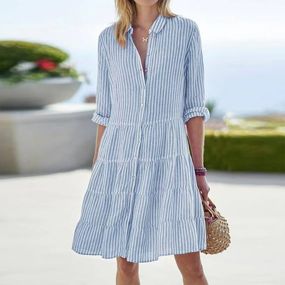 USOCUTE Womens Striped Button Down Midi Shirt Dress Casual Loose Cuffed Long Sleeve Mid Long Dresses Sky Blue M