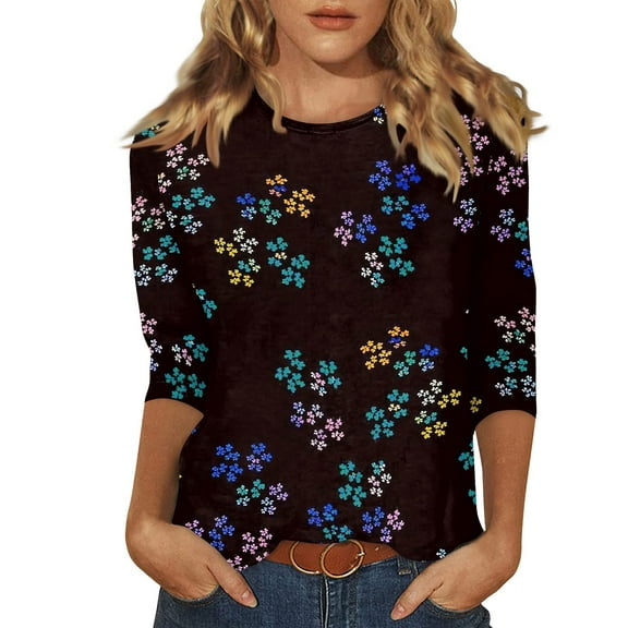 USOCUTE Womens Tops 3/4 Sleeve Crew Neck Cotton Tees Floral Print Summer T Shirts 2024 Three Quarter Length Shirts Dark Gray L