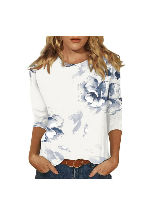 Womens Tops 3/4 Sleeve Crew Neck Cotton Tees Floral Print Summer T Shirts 2024 Three Quarter Length Shirts Light Blue M