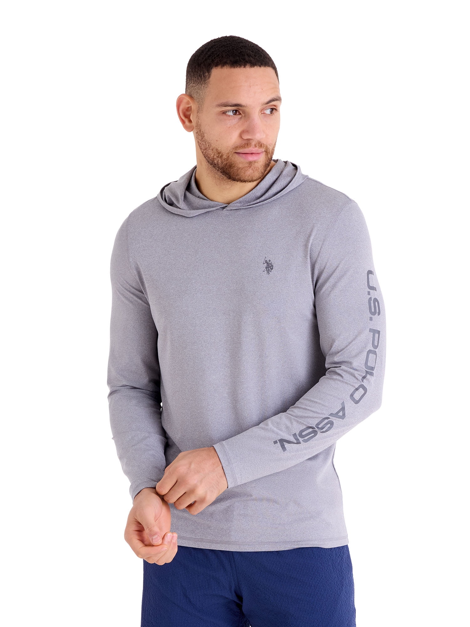 U.S. Polo Assn. Men's Hooded Heather Grey LS Sun Shirt, L