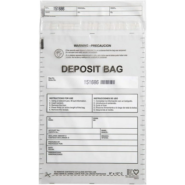 Deposit Bag, Plastic, 9 x 12, White/Gray, 100/Pack Deposit Bag, Plastic, 9 x 12, White/Gray, 100/Pack