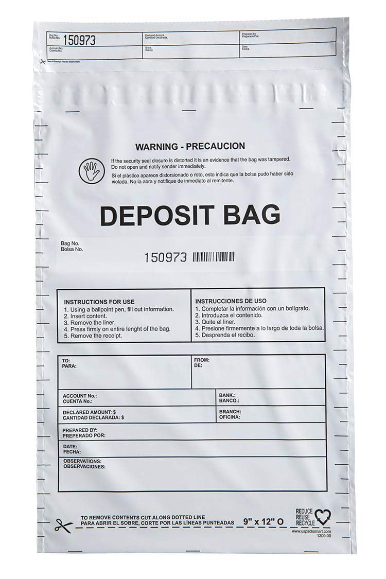USPACKSMART Opaque Plastic Deposit Bags 9"x12" | Secure Bank Deposits, Cash Handling or Safe Currency Transportation | Sequential Barcodes | Tamper-Evident | Tear-Off Receipt for Security | 100-Pack