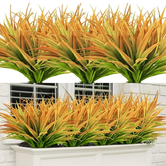 USPEED 12 Pcs Fake Outdoor Plants Artificial Grass Fall Stems Faux Plastic Plants UV Resistant for Autumn Indoor Outside Garden Hanging Planter Porch Patio Window Box Home Decor - Yellow