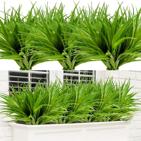 USPEED 12 Pcs Fake Outdoor Plants Artificial Grass Fall Stems Faux Plastic Plants UV Resistant for Autumn Indoor Outside Garden Hanging Planter Porch Patio Window Box Home Decor - Green