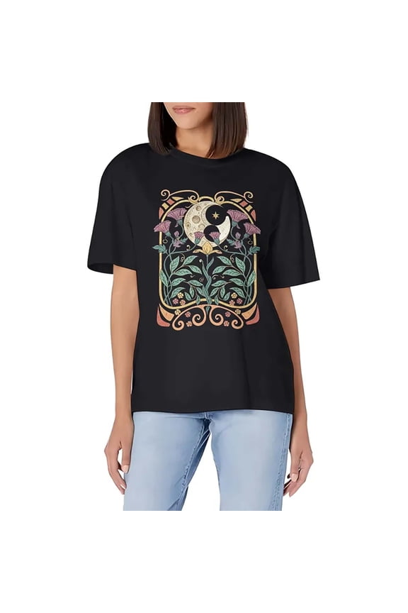 Art Nouveau Celestial Floral T-Shirt for Women, Vintage Botanical Crescent Moon Star Witchy Boho Graphic Short Sleeve Crew Neck Casual Top