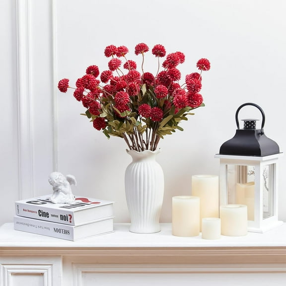 USPEED Fake Fall Flowers Faux Silk Pompon Mums, 10 Bulk Fake Mini Chrysanthemums with Stems, Artificial Kiku Flowers for Vase DIY Centerpieces Bouquet Floral Arrangements Decorations - Red