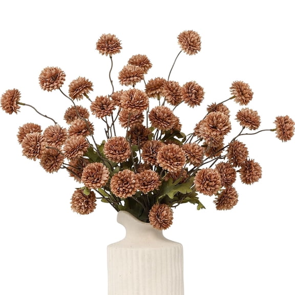 USPEED Fake Fall Flowers Faux Silk Pompon Mums, 10 Bulk Fake Mini Chrysanthemums with Stems, Artificial Kiku Flowers for Vase DIY Centerpieces Bouquet Floral Arrangements Decorations - Coffee