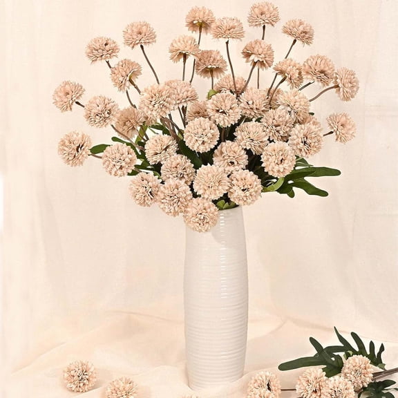 USPEED Fake Fall Flowers Faux Silk Pompon Mums, 10 Bulk Fake Mini Chrysanthemums with Stems, Artificial Kiku Flowers for Vase DIY Centerpieces Bouquet Floral Arrangements Decorations - Beige
