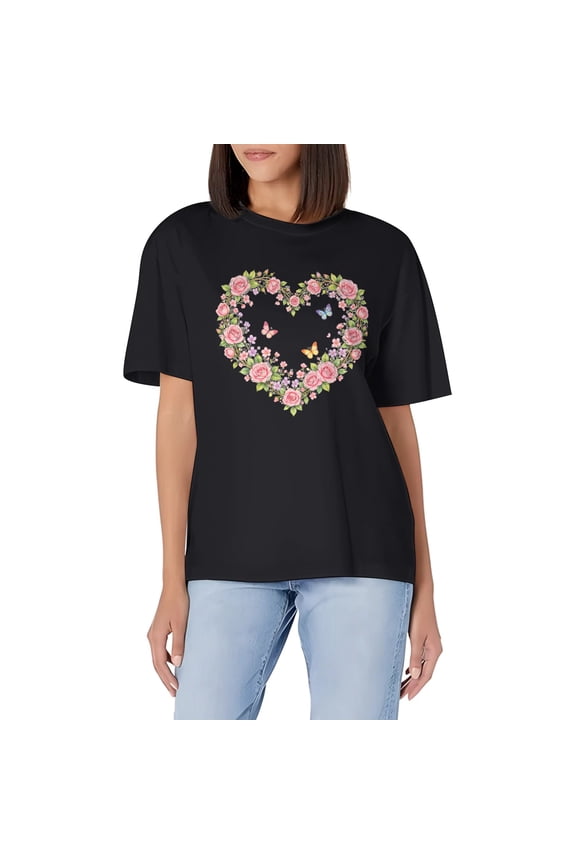 Floral Heart T-Shirt for Women, Pink Rose Flower Butterfly Heart Valentines Day Short Sleeve Crew Neck Casual Top