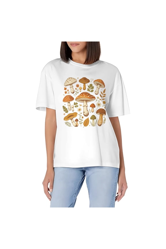 Mushroom Botanical T-Shirt for Women, Vintage Forest Nature Cottagecore Wild Mushroom Short Sleeve Crew Neck Casual Top