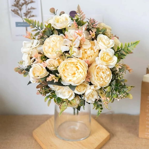 USPEED Peonies Artificial Flowers, Small Silk Flowers for Home Decor Indoor Fake Bouquet Faux Floral Arrangements Dining Table Centerpieces for Kitchen Bridal Wedding Party Decor - 2PCS - White