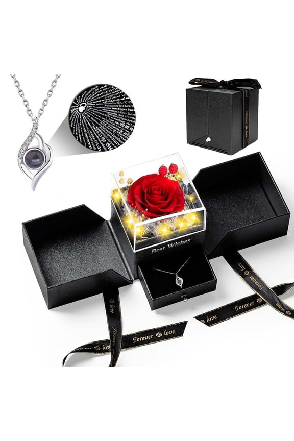 Preserved Real Rose-Eternal Flowers Rose Mothers Day for Mom Women Her Wife Girlfriend on Birthday Valentines with I Love You Necklace 100 Languages Romantic Gift