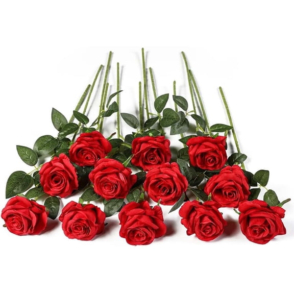 USPEED Red Fake Roses Artificial Flowers - 12 Pcs Fake Artificial Roses Silk Flowers with Stems for Home Wedding Hotel Office Centerpiece Decor