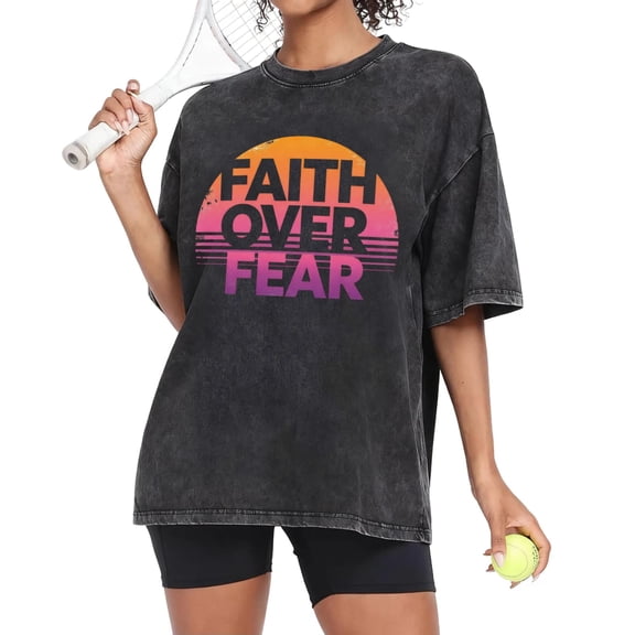 USPEED Retro Gradient Stripe Faith Over Fear Women's Oversized Drop Shoulder Short Sleeve Casual Christian Graphic T-Shirt
