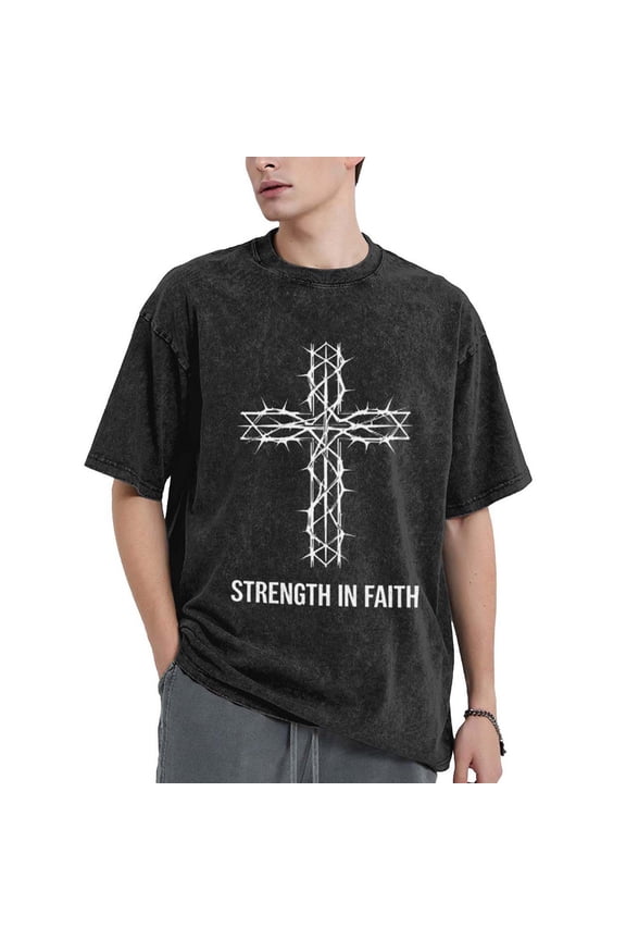 Strength In Faith Barbed Wire Cross Vintage Oversized Shirt, Inspirational Faith Believer Gift Tee for Church Daily Casual Wear for Adult Men Women