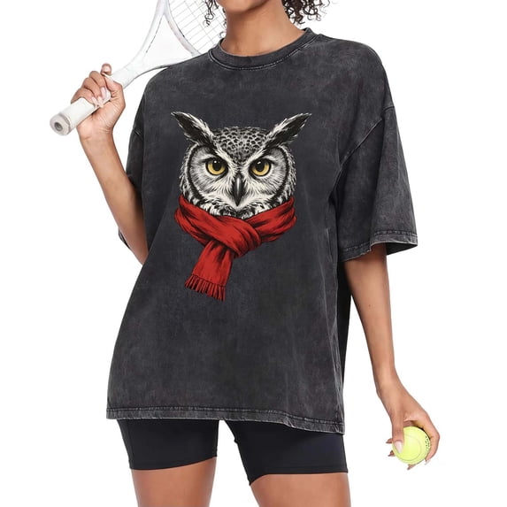 USPEED Vintage Owl with Red Scarf Graphic Oversized T-Shirt for Women Short Sleeve Casual Animal Themed Fall Daily Lounge Wear Top