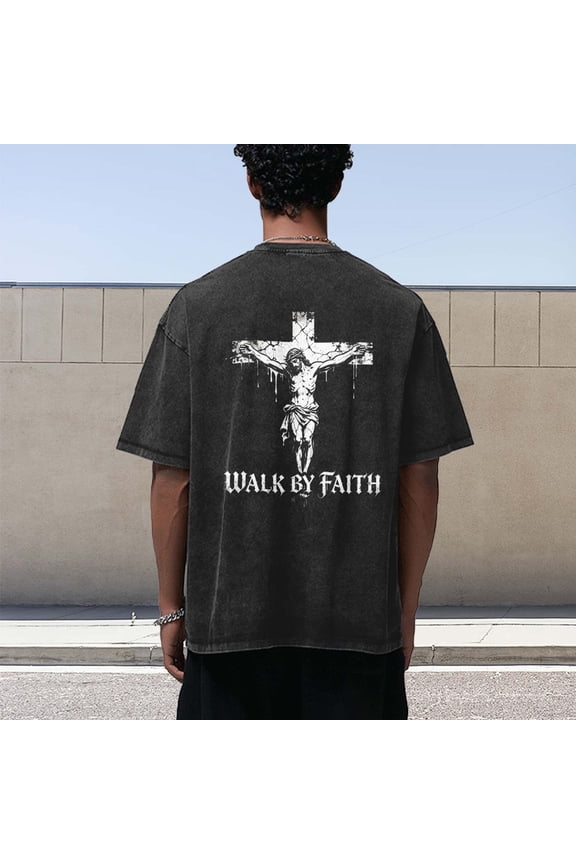 Walk By Faith Jesus Cross Vintage Oversized Shirt, Inspirational Christian Believer Faith Gift Tee for Church Easter Daily Casual Wear for Adult Men Women