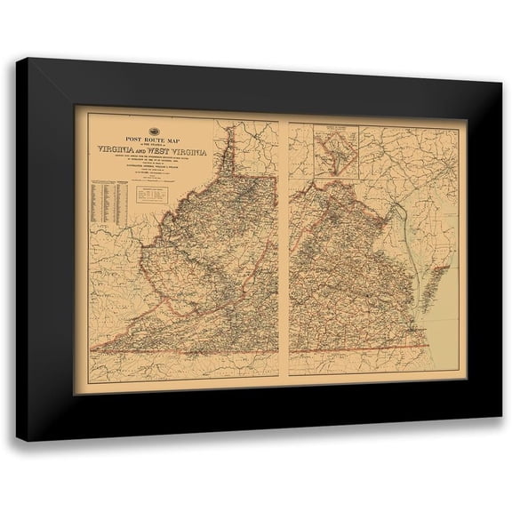 USPS 14x11 Black Modern Framed Museum Art Print Titled - Virginia, West Virginia Postal Routes - USPS 1896