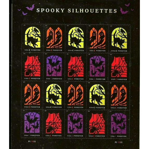 USPS Spooky Silhouettes Forever Stamps - Sheet of 20 Postage Stamps for Halloween and General Mail