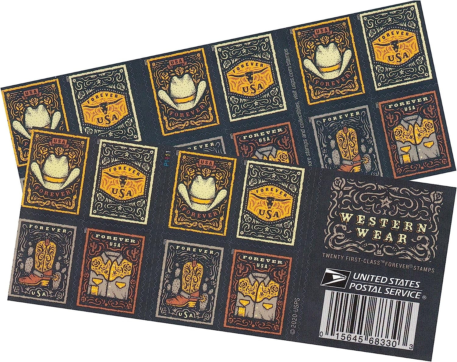 USPS Western Wear (Cowboy Hat, Belt Buckle, Cowboy Boot with Spur, Western Shirt) (Booklet of 20) Postage Forever Stamps 2021 Scott #5615-5618