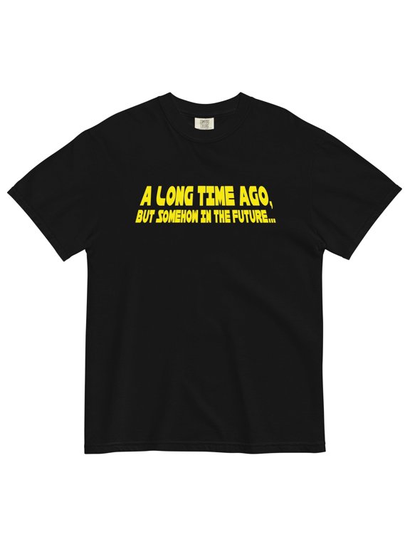 Men's Graphic T-Shirt – "A Long Time Ago, But Somehow In The Future" Print, Gildan 5000 Heavy Cotton, Classic Fit Crew Neck Tee, White M