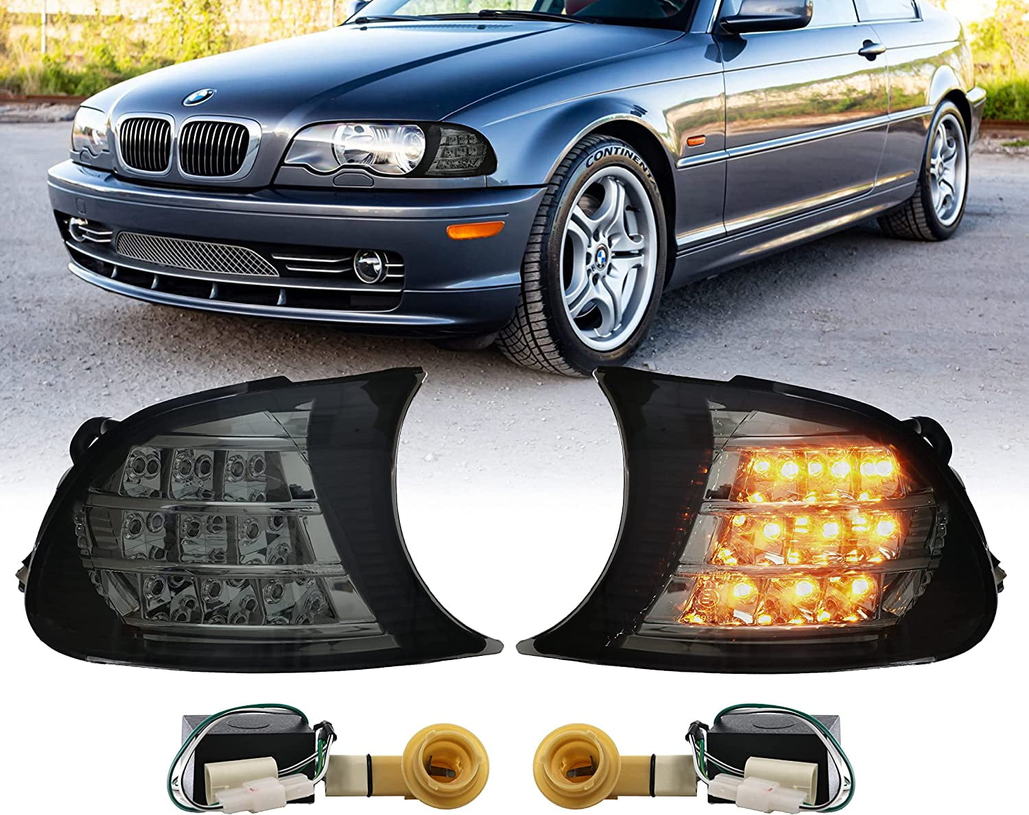 USR DEPO 00-01 E46 2D LED Corner Light - Full Amber LED Clip-On Turn Signal Lamp (Left + Right) Compatible with 2000-2001 BMW E46 Coupe Cabrio 325ci 330ci and 2001 E46 M3 (Smoke Lens, Plug and Play)