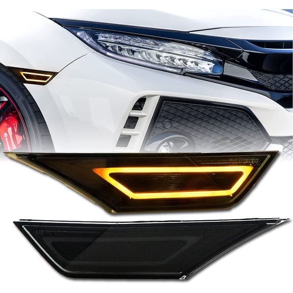 USR DEPO 10th gen civic side markers - 911 Carrera Style LED Light Bar Smoke Front Bumper Sidemarker Lamp Compatible with 2016-2021 Honda Civic Coupe Sedan Hatchback All Models (Smoked Lens Amber LED)