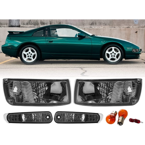 USR DEPO 90-96 300ZX Side Marker Lights - COMBO Crystal Style Smoke Lens Bumper Turn Signal + Rear Side Markers (Left+Right) Compatible with 1990-1996 Nissan 300ZX Z32 (Smoked 4 Pieces with 4 Bulbs)