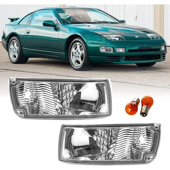 USR DEPO 90-96 300ZX Signal Lights - JDM Style Crystal All Clear Lens Front Bumper Turn Signal Lamps Set with Amber Bulbs (Left + Right) Compatible with 1990-1996 Nissan 300ZX Z32