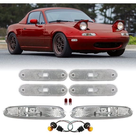 USR DEPO 90-97 MX5 Side Marker Lights - COMBO Crystal Style Bumper Turn Signal + Front and Rear Side Markers (Left+Right) Compatible with 1990-1997 Mazda MX5 Mk1 Miata (All Clear Lens, Full 6 Pieces)