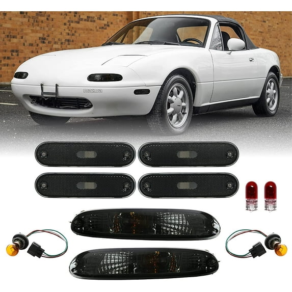 USR DEPO 90-97 MX5 Side Marker Lights - COMBO Crystal Style Smoke Bumper Turn Signal + Front + Rear Side Markers (Left+Right) Compatible with 1990-1997 Mazda MX5 Mk1 Miata (Smoked Lens, Full 6 Pieces)
