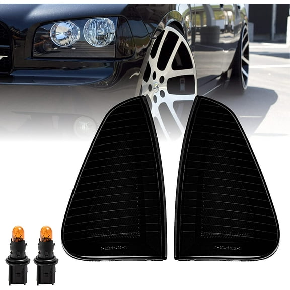 USR DEPO Charger Turn Signal Lights - Black / Smoke Front Corner Lamps (Left + RIght) Compatible with 2006-2010 Dodge Charger Sedan (Smoked Lens)