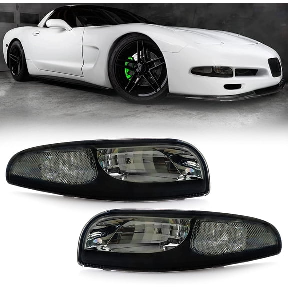 USR DEPO Vette C5 Turn Signal Lights - Front Bumper Signals Lamps Set (Left + Right) Compatible with 1997-2004 Chevy Corvette C5 All Models including Z06 (Black Housing All Smoke Lens)